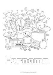 Färgläggningssida att anpassa Flicka Buss, bil Pensel Bok Glödlampa Läsning Blyertspenna Kollektivtrafik på land Skolstart Klassrumstavla Elev Studentmössa Skolmaterial Målning