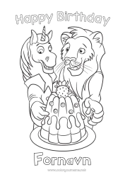 Fargeleggingssiden å tilpasse Kake Bursdag Hest Løve Dyr Gratulerer med dagen! Gårdsdyr Afrikanske villdyr