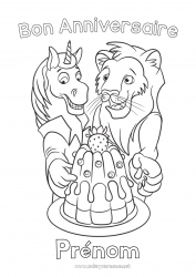 Coloriage gratuit Gâteau Anniversaire Cheval Lion Animal Joyeux anniversaire (français) Message Animaux de la ferme Animaux sauvages d'Afrique