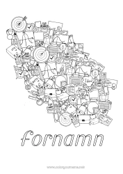 Färgläggningssida att anpassa Skola Symboler Bok Glödlampa Läsning Blyertspenna Skolstart Studentmössa Skolmaterial Kalkylator Matematik