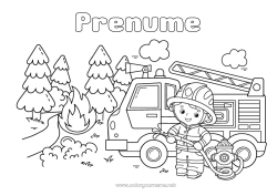 Pagină de colorat personalizată Pompier Camion de pompieri Vehicule de salvare și urgență Meserii în domeniul securității Pădure