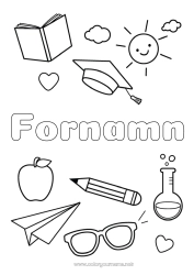 Färgläggningssida att anpassa Frukter Symboler Äpple Blyertspenna Glasögon Skolstart Studentmössa Skolmaterial