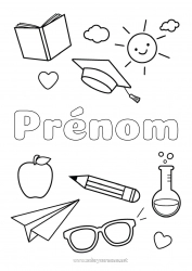 Coloriage gratuit Fruits Symboles Pomme Crayon Lunettes Rentrée scolaire Toque d'étudiant Fournitures scolaires