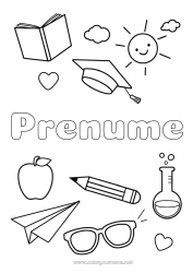 Pagină de colorat personalizată Fructe Simboluri Măr Creion Ochelari Întoarcerea la școală Beretă de student Materiale școlare