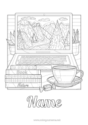 Free colouring Mug Drink Complex colouring pages Book Reading Pencil Stationery supplies Computer