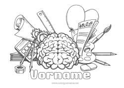 Kostenlose Malvorlage Pinsel Bleistift Kunstberufe Schulbeginn Schulbedarf Taschenrechner Gehirn Zirkel