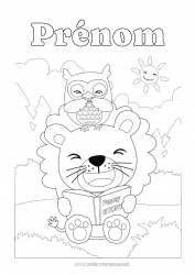 Coloriage gratuit Lion Chouette, Hibou Livre Oiseaux et mammifères volants Animaux sauvages d'Afrique Lecture