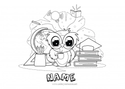 Free drawing Owl Book Flying birds and mammals Reading Pencil World globe Back to School Student cap School supplies