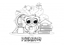 Coloriage gratuit Chouette, Hibou Livre Oiseaux et mammifères volants Lecture Crayon Globe terrestre Rentrée scolaire Toque d'étudiant Fournitures scolaires