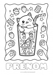 Coloriage à personnaliser Bonbons Chat Kawaii Fruits Boisson Gourmandises, sucreries Fraise Chiens et chats Limonade Chamallows, guimauves