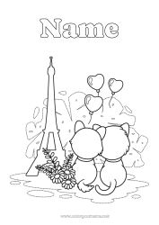 Free coloring Heart Cat I love you Friend France Dog and cat Eiffel Tower Paris Monument Hug