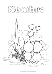 Colorear para personalizar Corazón Cat Te amo Amigo Francia Perros y gatos Torre Eiffel Paris Monument Abrazo