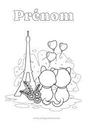 Coloriage à personnaliser Coeur Chat Je t'aime Ami, Amie France Chiens et chats Tour Eiffel Paris Monument Câlin
