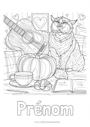 Coloriage gratuit Citrouille Automne Tasse Chouette, Hibou Thé Boisson Zentangle Oiseaux et mammifères volants Guitare Instruments de musique Croissant