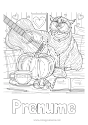 Pagină de colorat personalizată Dovleac Toamnă Cana Bufniță, Uluce. Ceai Băutură Zentangle Păsări și mamifere zburătoare Chitară Instrumente muzicale Cornuleț