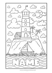 Colouring to customise Sea Boat Sailboat Lighthouse Island Marine Vehicles