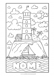 Desenho para personalizar Mar Barco Veleiro Farol Ilha Veículos marítimos