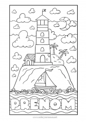 Coloriage gratuit Mer Bateau Voilier Phare Île Véhicules maritimes