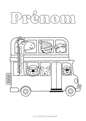 Coloriage à personnaliser Girafe Lion Pingouin, Manchot Animal Bus, car Oiseaux et mammifères volants Animaux sauvages d'Afrique Transport en commun terrestres Rentrée scolaire