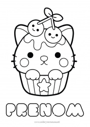 Coloriage à personnaliser Kawaii Cerise Fruits Gourmandises, sucreries Cupcake