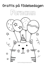 Gratis färgläggning Katt Födelsedag Ballonger Fest Djur Lätta målarbilder Hundar och katter