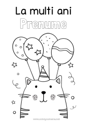 Pagină de colorat personalizată Pisică Aniversare Baloane Sărbătoare Animal Desene de colorat ușoare Câini și pisici