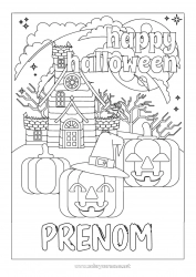 Coloriage gratuit Citrouille Halloween Jack O'Lantern Manoir hanté Inscription "halloween"