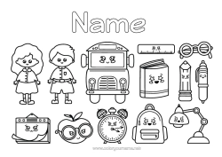Colouring to customise Cute Bus, Car Symbols Land Public Transport School Bag Glasses Back To School Stationery Supplies Alarm Clock
