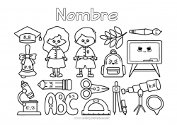 Dibujo libre Kawaii Campana Pincel Mochila escolar Regreso a clases Pizarra de clase Útiles escolares Transportador Microscopio Compass Telescopio