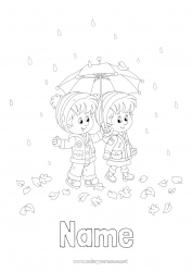 Free drawing Girl Boy Autumn Child Umbrella Rain