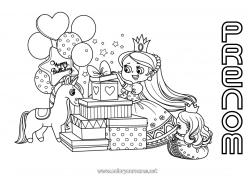 Coloriage gratuit Cadeaux Anniversaire Ballons Princesse