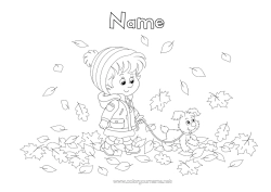 Free colouring Dog Girl Autumn Animal Leaves Dogs and cats