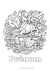 Coloriage gratuit Citrouille Automne Champignon Symboles Gland Sureau Fête de la Récolte