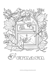 Gratis fargelegging Fugl Blader Zentangle Fugler og flygende pattedyr Postkasse
