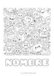 Dibujo libre Fantasma Momia Calabaza Esqueleto Bruja Gato negro Halloween Kawaii Jack O'Lantern Simbolos Dibujos complejos para colorear