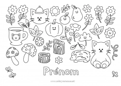 Coloriage gratuit Citrouille Chat Hérisson Automne Tasse Champignon Boisson Symboles Chiens et chats Animaux de la forêt