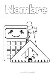 Colorear gratis Kawaii Lápiz Útiles escolares Escuadra Calculadora Matemáticas