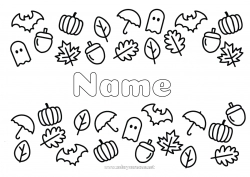 Free coloring Bat Ghost Pumpkin Autumn Leaves Umbrella Symbols Flying birds and mammals Acorn