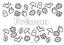 Coloriage à personnaliser Chauve-souris Fantôme Citrouille Automne Feuilles Parapluie Symboles Oiseaux et mammifères volants Gland
