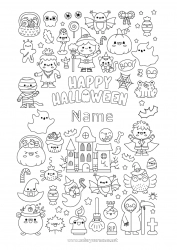 Free coloring Vampire Bat Broomstick Ghost Monster Mummy Skeleton Black cat Trick or treat Halloween Kawaii Jack O'Lantern Symbols Flying birds and mammals Haunted mansion Inscription 