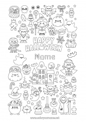 Colorazione gratuita Vampiro Pipistrello Scopa Fantasma Mostro Mummia Scheletro Gatto nero Dolcetto o scherzetto? Halloween Kawaii Jack O'Lantern Simboli Uccelli e mammiferi volanti Maniero infestato Iscrizione 