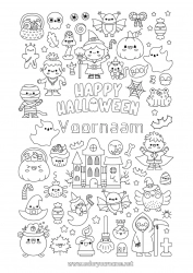 Gratis tekening Vampier Vleermuis Bezem Spook Monster Mummie Skelet Zwarte kat Snoep of een spreuk? Halloween Kawaii Jack O'Lantern Symbolen Vogels en vliegende zoogdieren Spookhuis Inscriptie 'halloween'