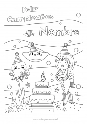 Colorear gratis Tarta Cumpleaños Mar Sirena Mensaje de feliz cumpleaños (inglés) Edad personalizable