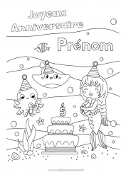 Coloriage à personnaliser Gâteau Anniversaire Mer Sirène Joyeux anniversaire (français) Message Age fêté personnalisable