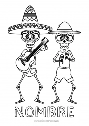 Colorear para personalizar Esqueleto Día de los Muertos México Día Mundial de la Música Guitarra Maracas Instrumentos de música Sombrero