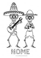 Desenho grátis Esqueleto Dia dos Mortos México Festa da Música Guitarra Maracas Instrumentos musicais Sombrero