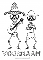 Gratis tekening Skelet Dia de los Muertos Mexico Muziekfestival Gitaar Maracas Muziekinstrumenten Sombrero