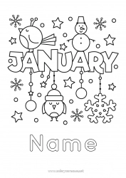 Free coloring Snow Snowman Bird Snowflakes Flying birds and mammals Months of the year