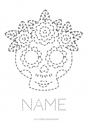 Free coloring Skull Día de los Muertos Easy coloring pages Trace and color Catrina Calaveras, skulls