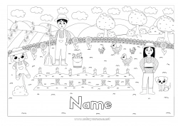 Free coloring Hen Farm Sunflower Farm animals Carrot Farmer Farm Professions Scarecrow